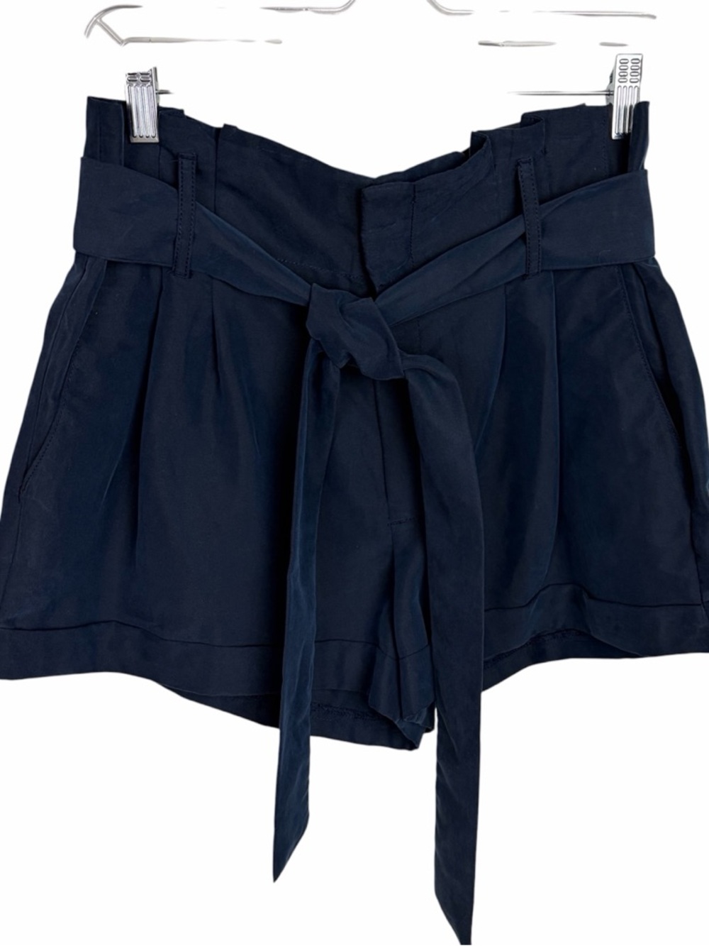 Women’s American Eagle Silky Navy Blue Paper Bag Waist Shorts w/Self Tie Belt, 8